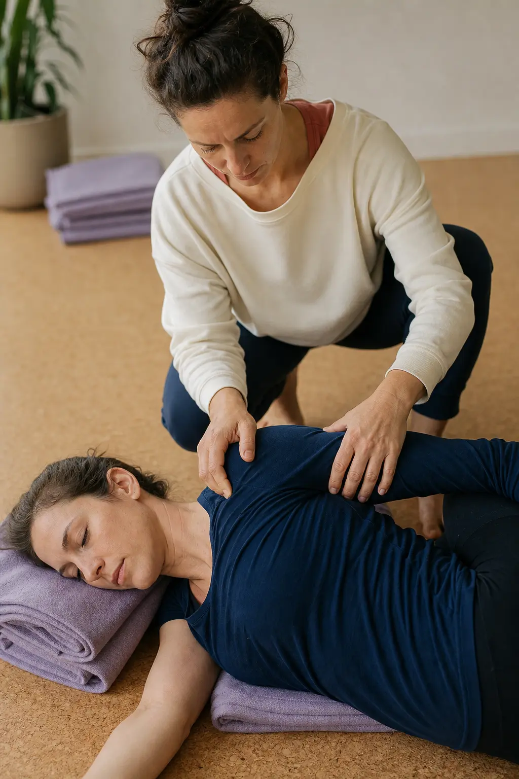Teacher offering hands-on guidance during a supported mobility practice