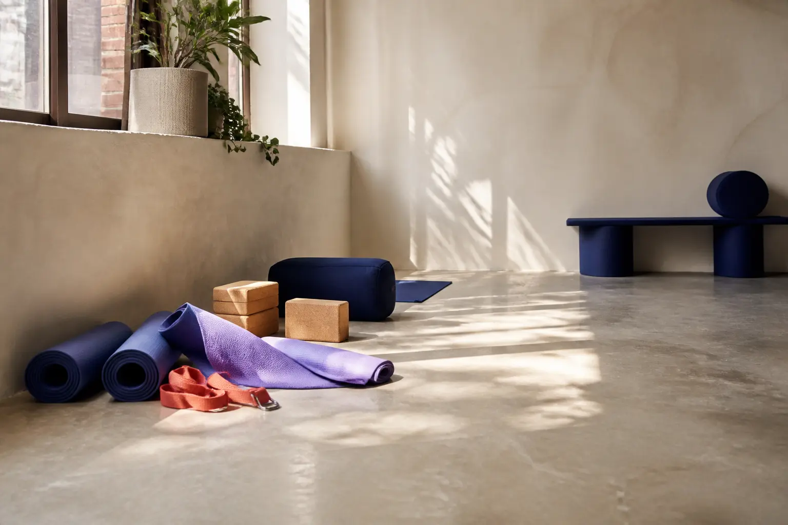 Mats, blocks and straps waiting in the sunlit Asana House studio